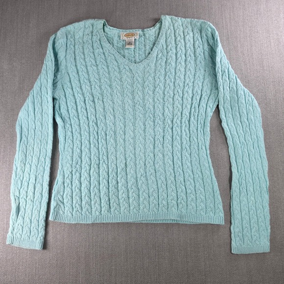 Talbots Sweaters - Talbots Sweater Womens Medium Petites Light Blue Cable Knit V-Neck Cotton Blend